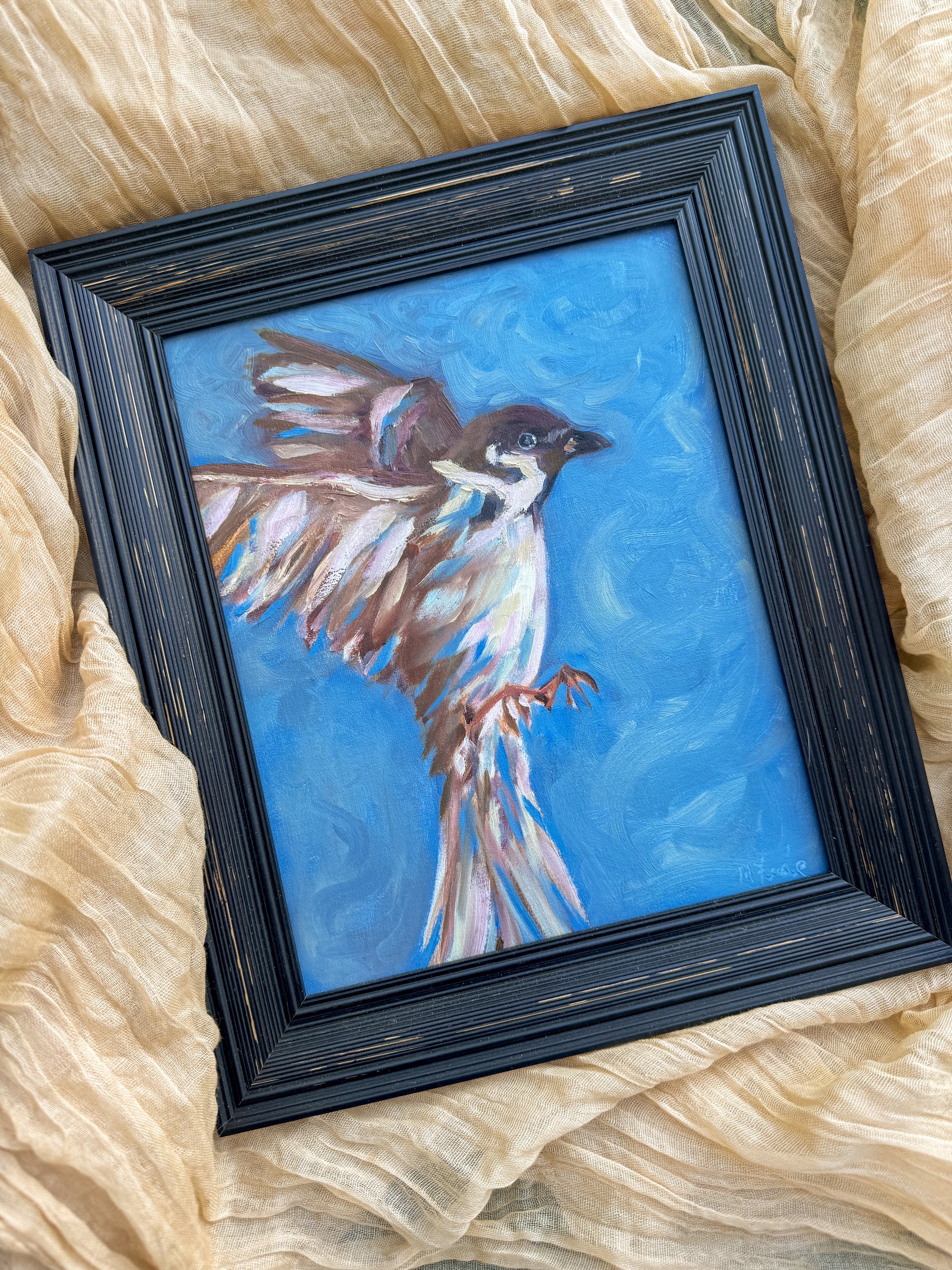 sparrow flight oil painting original fine art canvas