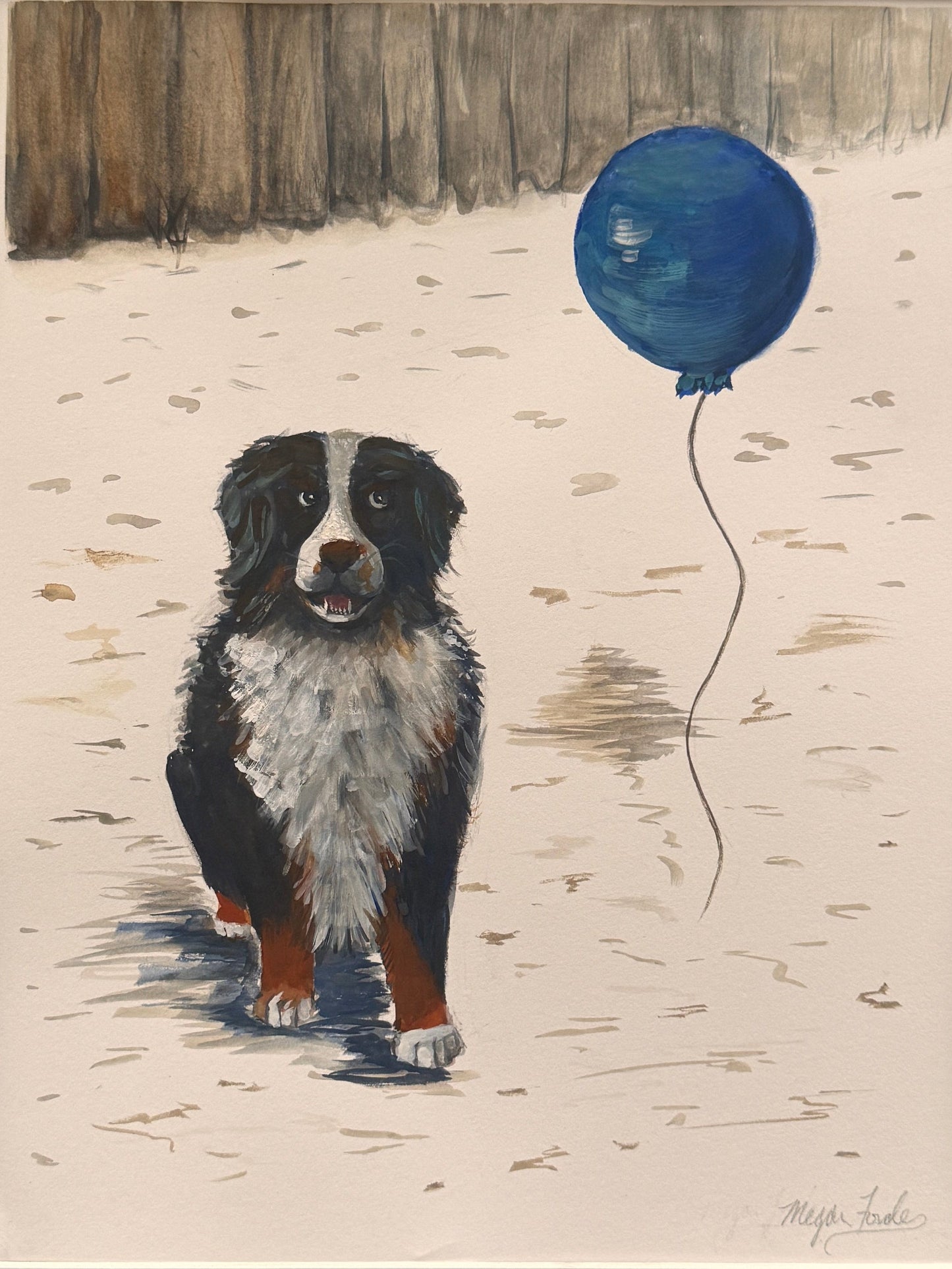 Framed artwork of a Bernese Mountain Dog with a blue balloon in a backyard